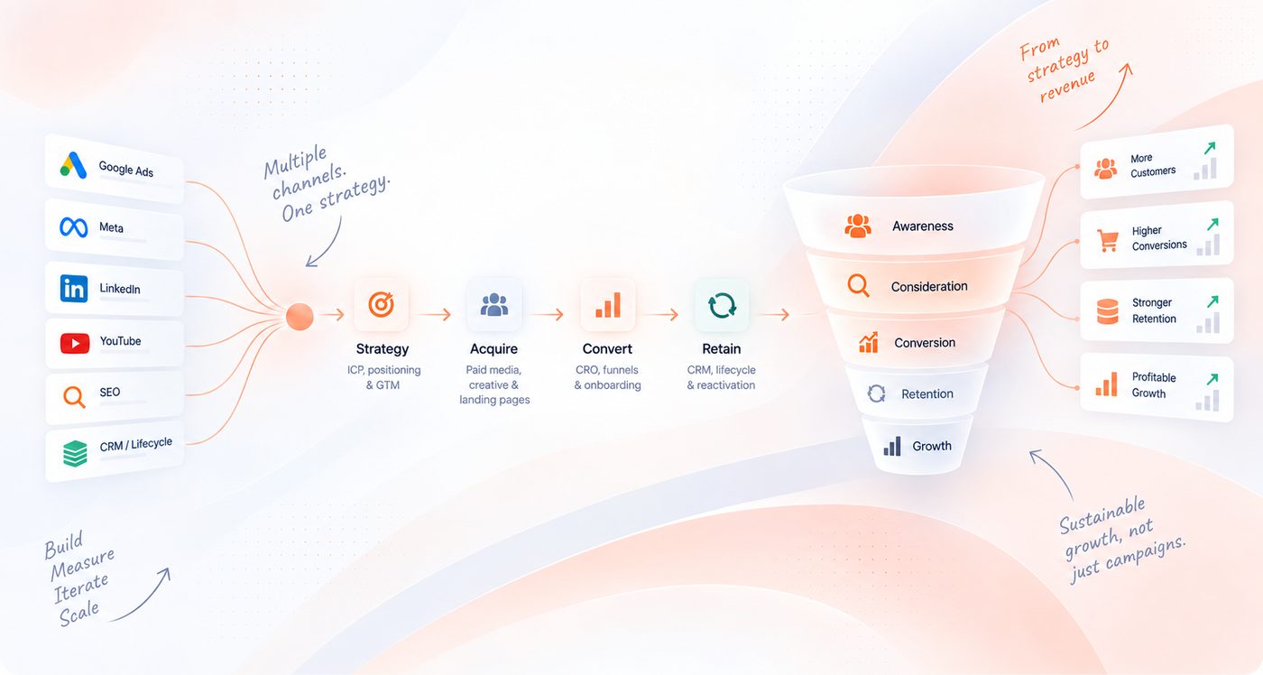 Multiple channels feeding a unified growth strategy — paid media, landing pages, measurement and CRM funneling into awareness, consideration, conversion, retention and growth