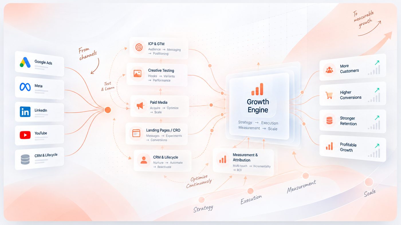 The Elevatia Growth Engine — channels feeding strategy, execution, measurement and scale, producing more customers, higher conversions, stronger retention and profitable growth